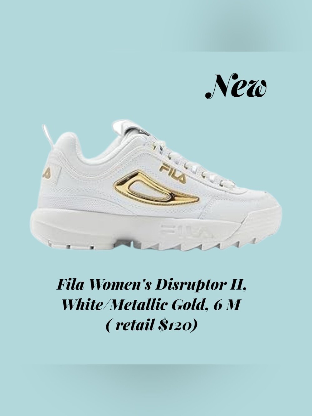 ❌Fila Women's Disruptor II Sneaker - White with Metallic Gold Accents